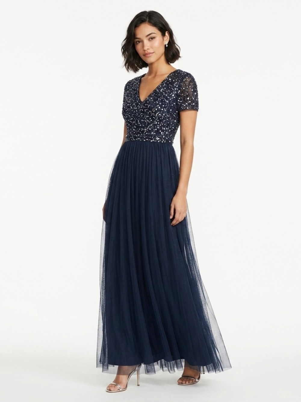 Maya Deluxe V-Neck Embellished Maxi Dress Sequin Tulle Navy Blue Size 4